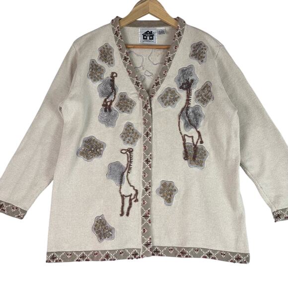 Storybook Knits Cardigan Sweater Womens Large Embellished Bead Sequin Giraffes - Picture 1 of 12